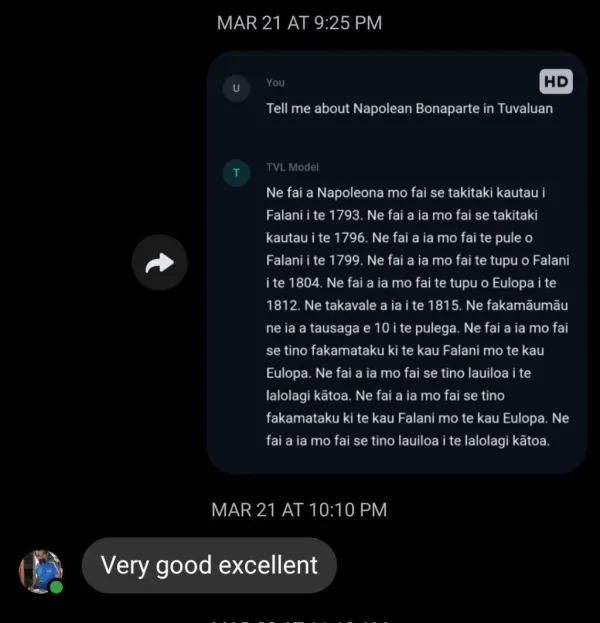 Tuvaluan reviewer says 'Very good excellent' after testing the model