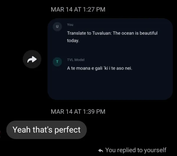 Tuvaluan reviewer says 'Yeah that's perfect' after a translation test
